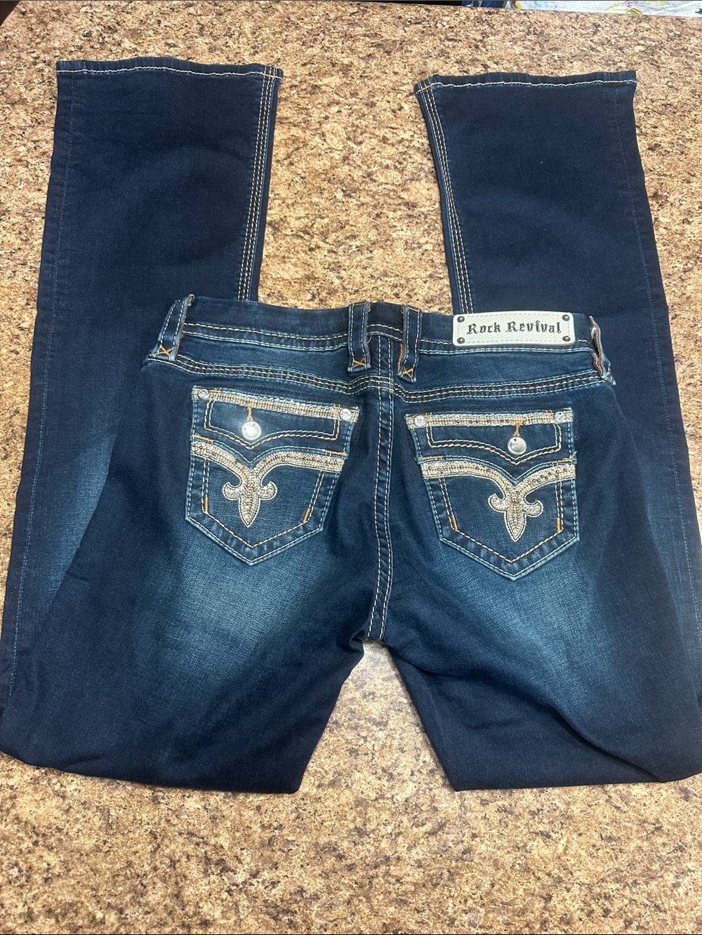 WORN ONCE Rock Revival Betty Easy Boot Dark Blue Embroidered Pocket Jeans 27